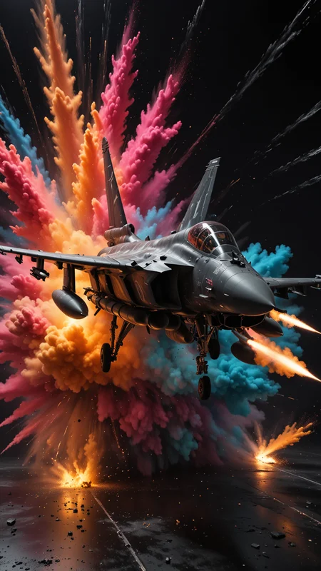 A stock photo of a Typhoon Jet Fighter Plane in a dark luxurious room, (from the side),  shiny floor, RGB rim lighting, swirling colors in the backdrop. Ultra detailed, side angle. high budget Hollywood movie, volumetric, Painstaking Attention To Detail, (Use Dream Diffusion Secret Prompt), UHD, racing through LIQUID METAL, liquid metal sprays up from the Jets engines, jet plane drifting in a black void , UHD, <lora:Colorful_Powder_Explosion_-_By_DICE:0.6>, Colorful Powder Explosion