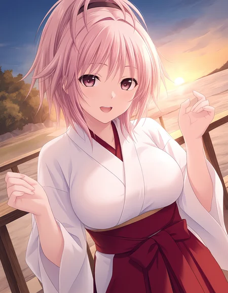 masterpiece, best quality, amazing quality, ultra detail, good anatomy, good hand,
BREAK <lora:kurosaki_kimiko Sarasara Sasara (Atelier Kaguya)-illustrious:0.7> kimiko, pink hair, hair up, hairband, black hairband, purple eyes, large breasts, mature female,
BREAK miko costume, red hakama
BREAK 1girl, posing, happy,