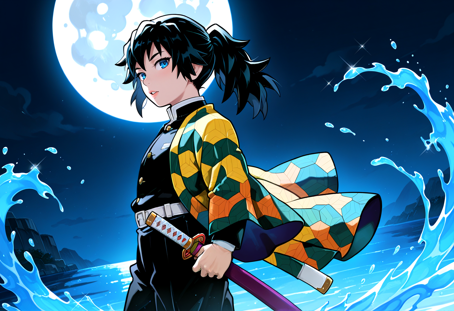 IllustriousQual <lora:StS-Illustrious-Detail-Slider-v1.0:2> <lora:cfg_scale_boost:0.3>,detailed_background,outdoors,moon,haori,sword,sheath,long hair,kyuuba melo,ponytail,holding weapon,1boy,holding sword,white belt,closed mouth,tomioka giyuu,belt,bishounen,japanese clothes,holding,sheathed,belt buckle,katana,buckle,looking at viewer,water,blue eyes,demon slayer uniform,black hair,jacket,male focus,black pants,solo,highres,pants,upper body,from side,full moon,weapon,black jacket,kimetsu no yaiba,absurdres