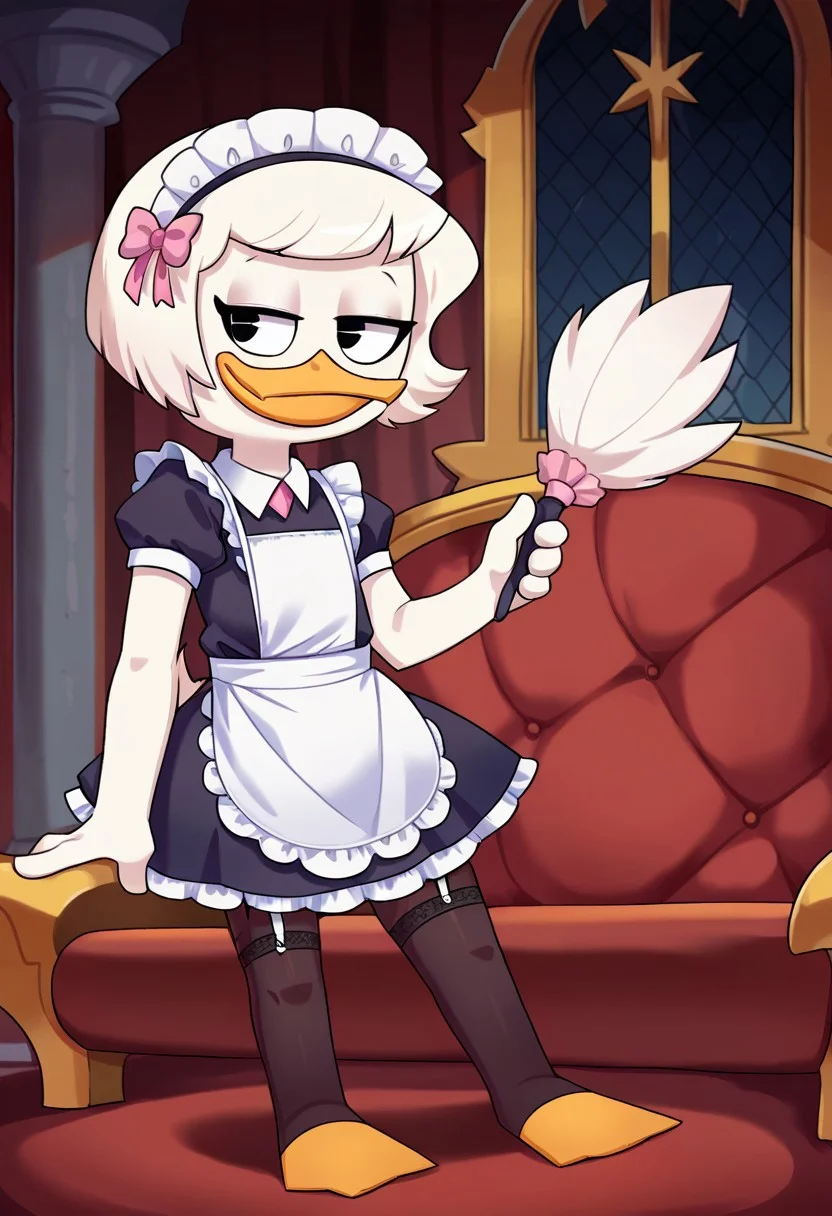 score_9, score_8_up, score_7_up, score_6_up, best quality, highres, source_furry, BREAK
by mizumizuni BREAK
1girl, solo , furry, mansion, inside, female, duck, beak, webby vanderquack, young, child, white skin, white hair, short hair, black eyes, garter straps, pantyhose, toeless legwear, maid uniform, maid headdress, maid apron, frilly, feather duster, pink clothing (smug) <lora:ponyxl-mizumizuni-style-v03:0.7> <lora:Webby_Vanderquack:1>