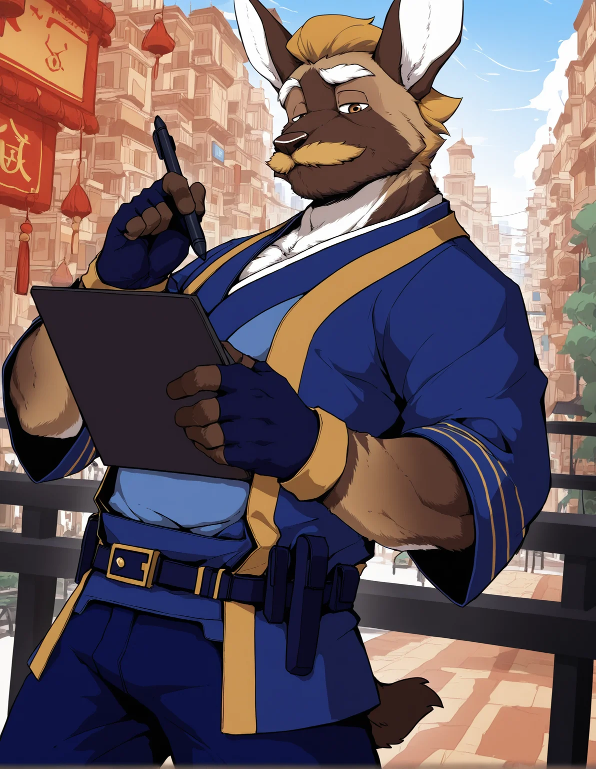 masterpiece,
hu, jackal, solo, anthro, mature male,
police uniform, fingerless gloves,
holding pen, holding clipboard, writing, raised eyebrow, looking at viewer,
chinese city, stree,
three-quarter portrait
<lora:ThreefoldRecital_2.11:1>