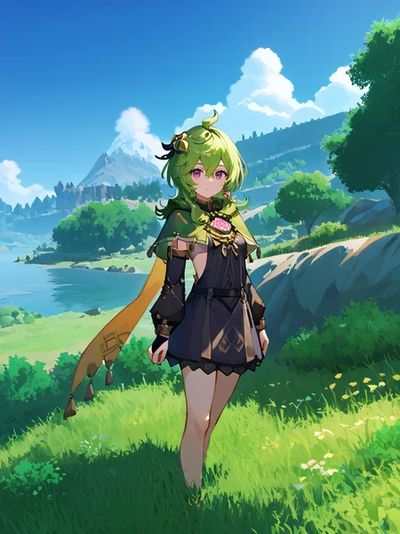 score_9, score_8_up, score_7_up, score_6_up, score_5_up, score_4_up, source_anime, official art, (1girl, solo, looking at viewer, cowboy shot:1.2),  <lora:mondstadt_background-ponyxl-v11h:0.8>, field, mondstadt, outdoors, scenery, landscape, sky, cloud, nature, tree, grass, rock, bush, water, mountain,   <lora:Collei_v1-000010:0.9>, colleidef, green hair, medium hair, purple eyes, hair ornament, hair between eyes, ahoge, small breasts, earrings, single earring, jewelry, green capelet, black dress, detached sleeves, puffy long sleeves, backless dress, bridal gauntlets, crossed bangs