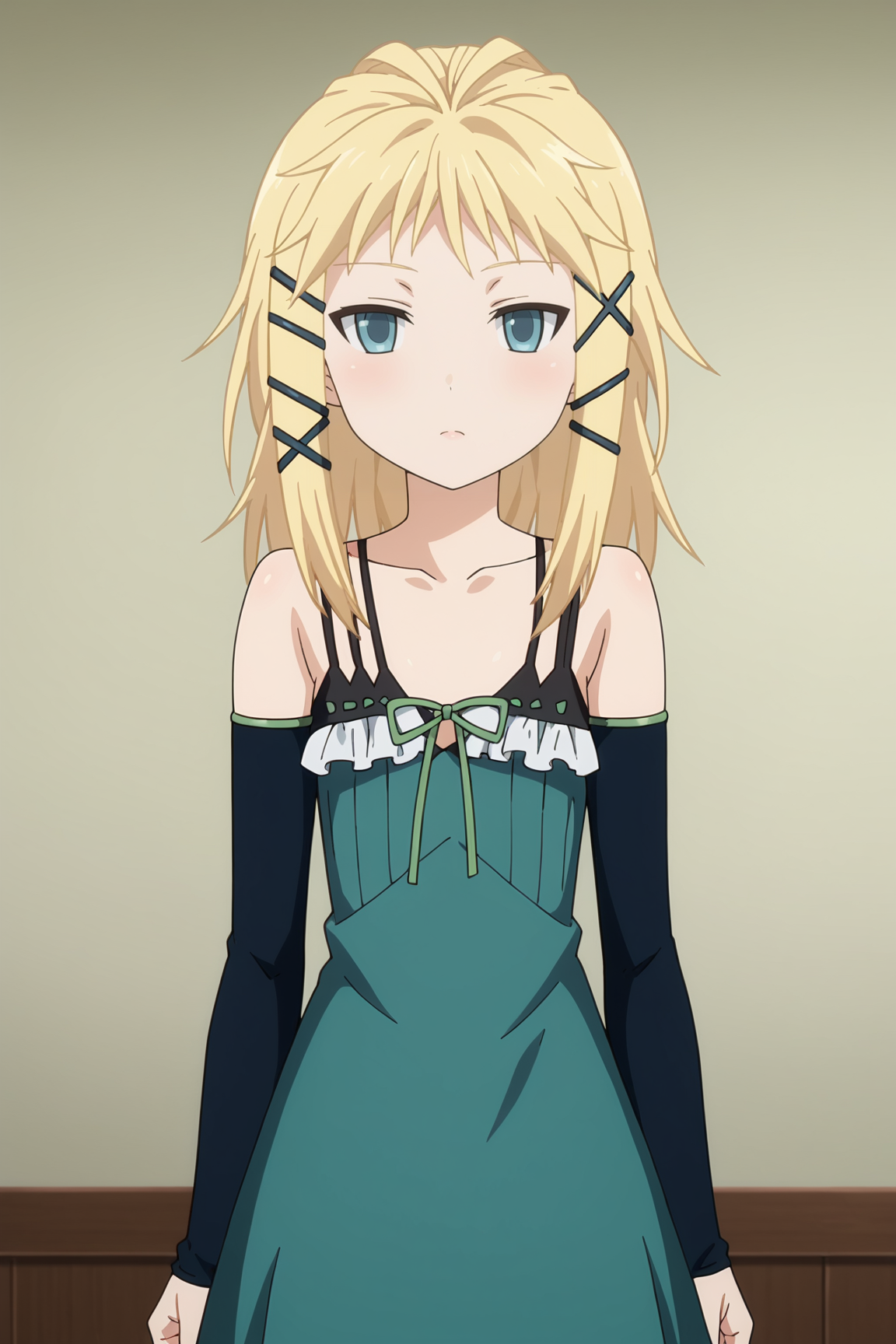 score_9, score_8_up, score_7_up, source anime, prefect lighting, very aesthetic, BREAK, anime screencap, anime coloring,
<lora:tina_sprout_v1-pony6:0.9>, 1girl, tina sprout, black bullet, blonde hair, blue eyes, hair ornament, flat chest, tinadress, dress, ribbon, bare shoulders, detached sleeves,
BREAK, looking at viewer, portrait, 
BREAK,