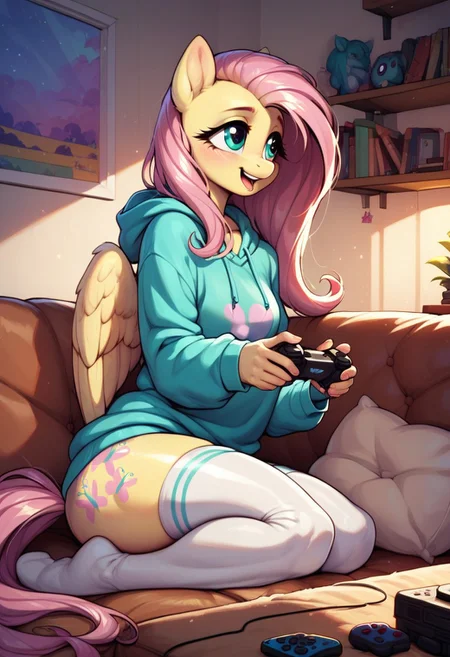 score_9, score_8_up, score_7_up, score_6_up, semi-realistic artwork, detailed background, high quality, vibrant colors, best quality rendering, intricate details, high resolution, sharp focus, best render quality, (background-living room, couch, videogame), side view,
1girl, solo, {Fluttershy (anthro pony) long hair, 18 yo, narrow shoulders, skinny, shiny skin,
oversized hoodie, white thigh-high socks,
dynamic pose, sitting couch, holding controller, playing videogames,
shy, happy,