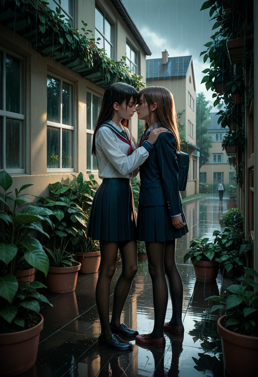score_9, score_8_up, score_7_up, score_6_up, source_anime, masterpiece, newest,
2girls, skinny, pantyhose, no shoes, school uniform, standing, simple background, yuri, outdoors, school yard, rain, reflections, plants, windows