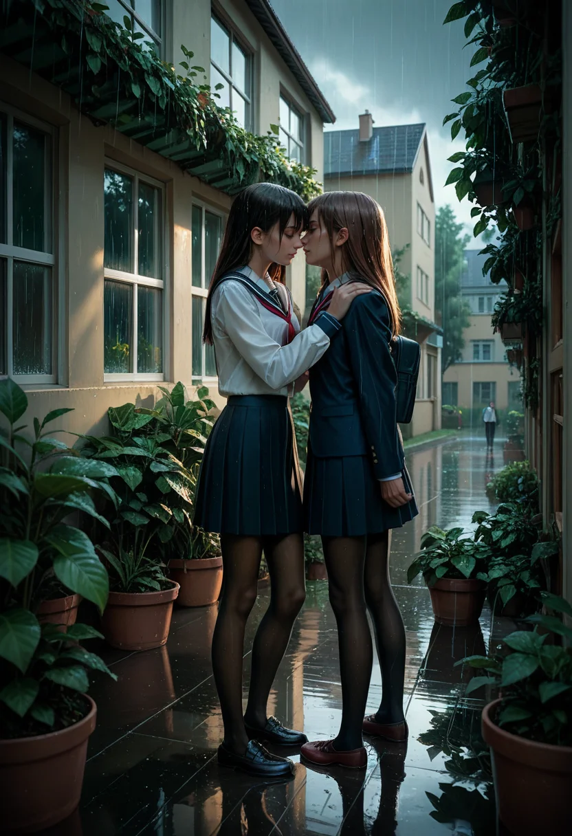 score_9, score_8_up, score_7_up, score_6_up, source_anime, masterpiece, newest,
2girls, skinny, pantyhose, no shoes, school uniform, standing, simple background, yuri, outdoors, school yard, rain, reflections, plants, windows