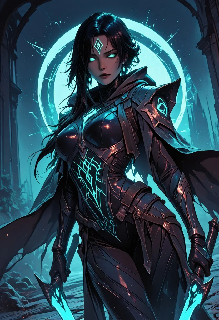 (masterpiece), (best quality), 8k, 1girl, celestial assassin, intense low lighting, glowing crescent blades, dual-wielding, shadowed face, glowing eyes, dark eclipse sky behind her, glowing voidlight aura, mystical sigils on ground, standing on fallen enemy, long flowing cloak fluttering, sci-fi fantasy armor with celestial patterns, moonlit silhouette, cinematic perspective, ethereal particles, solemn expression, radiant eclipse corona, sleek asymmetrical hairstyle, atmosphere of silent finality,
Unique, close up, cowboy shot, dutch angle, foreshortening,