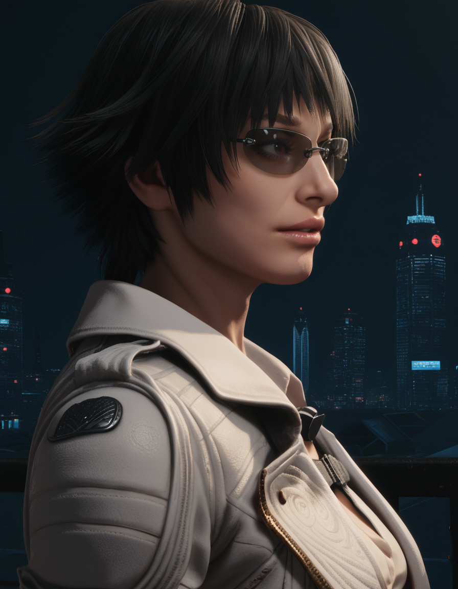 detailed realistic photo, score_9, score_8_up, score_7_up, score_6_up, score_5_up, score_4_up, <lora:LadyDMC5Screens_t3-000013-128:1.0> 1girl, DMCLady, short black hair, heterochromia, sunglasses, jacket, close-up, from side, dynamic angle, solo, mature
, outside, darkness, moody lighting, backlit, rim lighting, city, at night