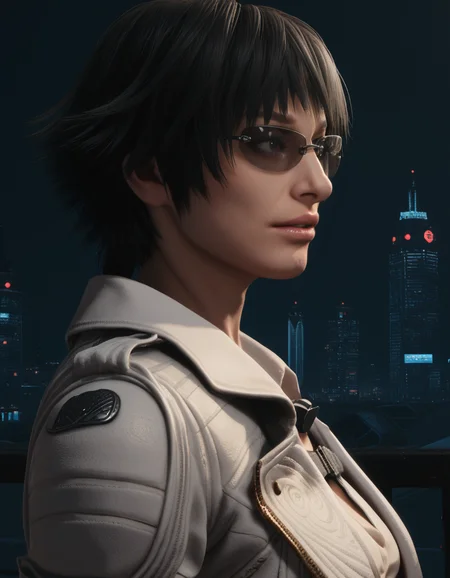 detailed realistic photo, score_9, score_8_up, score_7_up, score_6_up, score_5_up, score_4_up, <lora:LadyDMC5Screens_t3-000013-128:1.0> 1girl, DMCLady, short black hair, heterochromia, sunglasses, jacket, close-up, from side, dynamic angle, solo, mature
, outside, darkness, moody lighting, backlit, rim lighting, city, at night