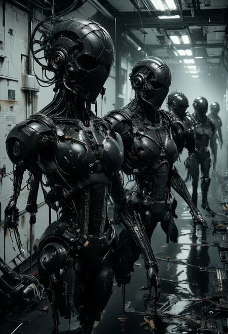 (Dark sci-fi horror corridor, stretching from left to right, with rows of deformed robots standing eerily like mannequins from Silent Hill. Each robot is slightly damaged, with missing parts and unsettling poses, while their bodies remain still, they have all turned their heads towards the viewer, staring intently, with pitch-black blood like tar flowing from their eyes, cracked or fractured heads and limbs, casting eerie shadows on the white, cracked walls and black marble floor. The atmosphere is haunting, with dim, cold lighting that enhances the sense of dread, creating a surreal, unnerving corridor scene. Rendered in hyper-realistic detail, the image is smooth and sharp, with every element captured with crystal-clear precision and lifelike clarity. highly detailed, ultra detailed), <lora: - Flux1 - vanta_black_V1.0:0.5>, <lora:ck-nc-pastel-cyberpunk:0.6>, <lora:Neon_Noir_FLUX:0.5>, <lora:scifi-robot-flux:0.7>, <lora:HORROR_lora.TA_trained:0.85>
