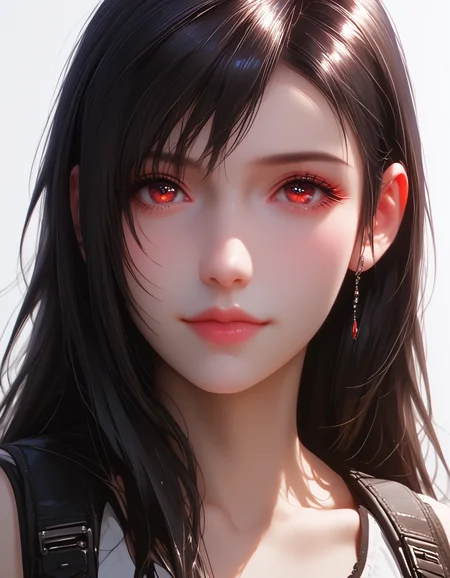 zPDXLxxx, Expressiveh,
FF7Tifa, 1girl, black hair, red eyes, long hair,
small breasts, natural sagging breasts,
score_9, score_8_up, score_7_up,score_6_up,
highres, high quality, perfection, masterpiece, detailed, source_anime, simple white background, 1girl, solo, front view portrait, face focus, intricate features, beautiful girl, young adult, youthful, petite body, detailed face, beautiful face, innocent face, eyelashes, perfect eyes, detailed eyes, medium breasts, clothed, black lace shirt, black lace choker, standing, smiling, looking at viewer,