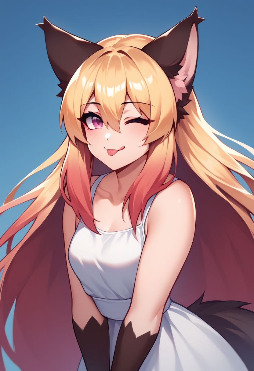 score_9, score_8_up, score_7_up,1girl,solo female, epic photograpy, extremely detailed, high quality, absurd res, high res
luna, 1girl, solo, long hair, very long hair, blonde hair, animal ears, hair between eyes, tail, wolf ears, wolf tail, red hair, multicolored hair, pink eyes, gradient eyes, fox girl.
winking, one eye closed, leaning, looking at viewer, leaned, tongue out, playful smile, cute, beautiful, blurry background, lught blue background, dress, from front
