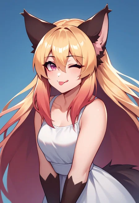score_9, score_8_up, score_7_up,1girl,solo female, epic photograpy, extremely detailed, high quality, absurd res, high res
luna, 1girl, solo, long hair, very long hair, blonde hair, animal ears, hair between eyes, tail, wolf ears, wolf tail, red hair, multicolored hair, pink eyes, gradient eyes, fox girl.
winking, one eye closed, leaning, looking at viewer, leaned, tongue out, playful smile, cute, beautiful, blurry background, lught blue background, dress, from front