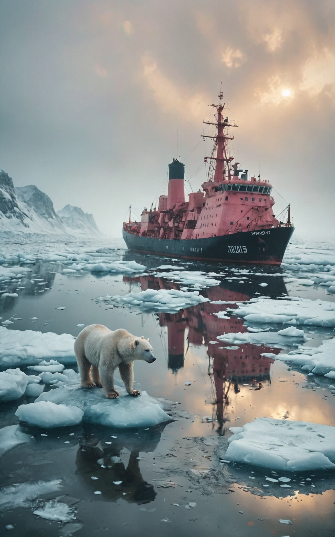 above view:1.2,leica summicron 35mm f5.6.0,kodak portra 400,film grain,fine art photography shot of A pink nuclear-powered icebreaker sails through the Arctic Circle,surrounded by the icy landscape,(polar_bear gracefully walk across the frozen terrain:1.5),while the misty haze accentuates the vessel's ice-breaking features,adding to the frigid ambiance,Thick ice sheet:1.5,black water:1.6,in the fog<lora:SDXL_Fog_Sa_May:0.65>,(tealblue and darkgray colors:0.5),groundbreaking unrivaled opus with unrivaled details,cinematic composition,dramatic light,solargram effect<lora:RMSDXL_Enhance:2><lora:RMSDXL_Creative:2><lora:RMSDXL_Darkness_Cinema:2.5><lora:detailed_notrigger:1><lora:MJ52:0.5><lora:DD-pnte-neg-v1:-1.5>,ZIP2D BREAK