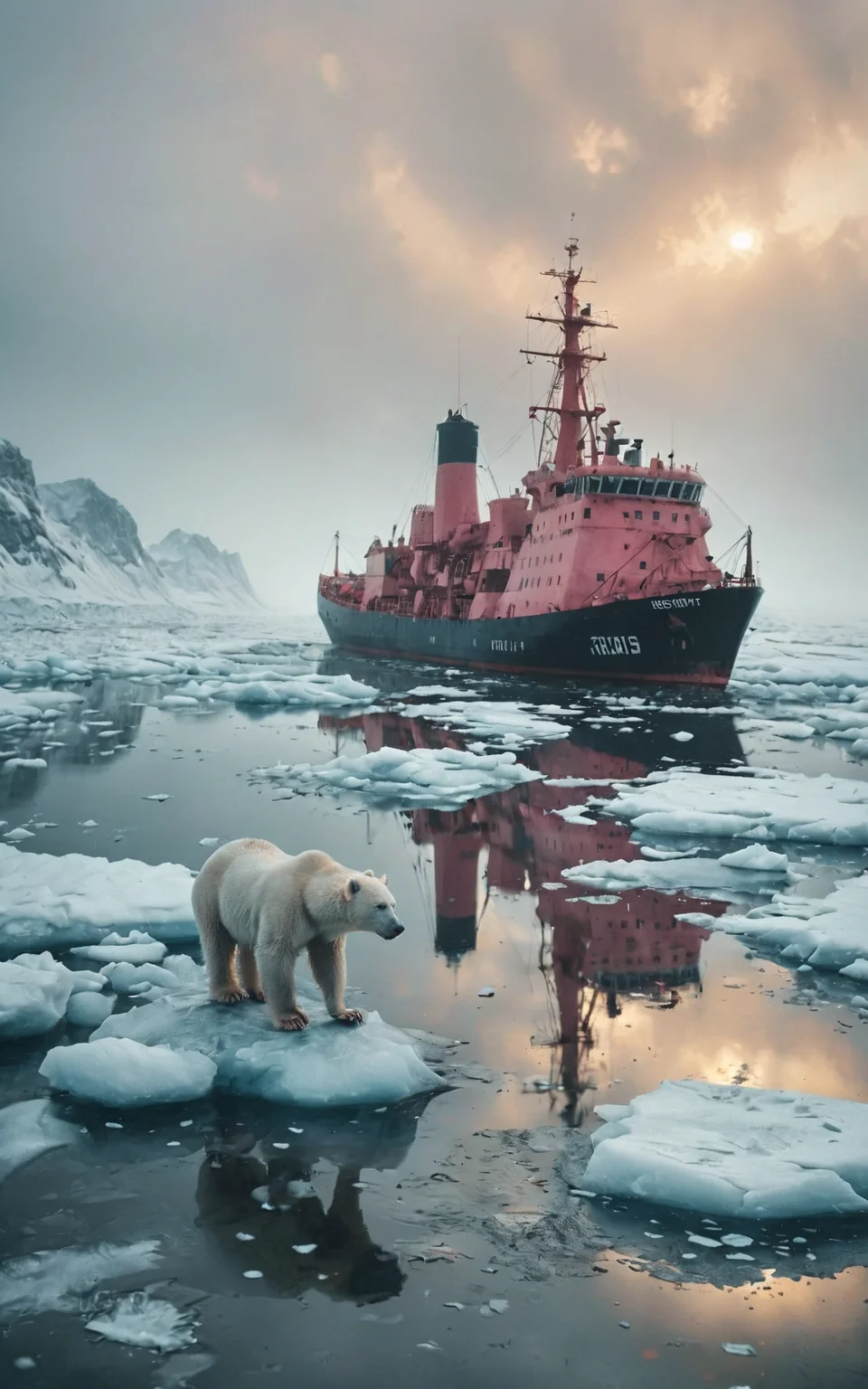 above view:1.2,leica summicron 35mm f5.6.0,kodak portra 400,film grain,fine art photography shot of A pink nuclear-powered icebreaker sails through the Arctic Circle,surrounded by the icy landscape,(polar_bear gracefully walk across the frozen terrain:1.5),while the misty haze accentuates the vessel's ice-breaking features,adding to the frigid ambiance,Thick ice sheet:1.5,black water:1.6,in the fog<lora:SDXL_Fog_Sa_May:0.65>,(tealblue and darkgray colors:0.5),groundbreaking unrivaled opus with unrivaled details,cinematic composition,dramatic light,solargram effect<lora:RMSDXL_Enhance:2><lora:RMSDXL_Creative:2><lora:RMSDXL_Darkness_Cinema:2.5><lora:detailed_notrigger:1><lora:MJ52:0.5><lora:DD-pnte-neg-v1:-1.5>,ZIP2D BREAK