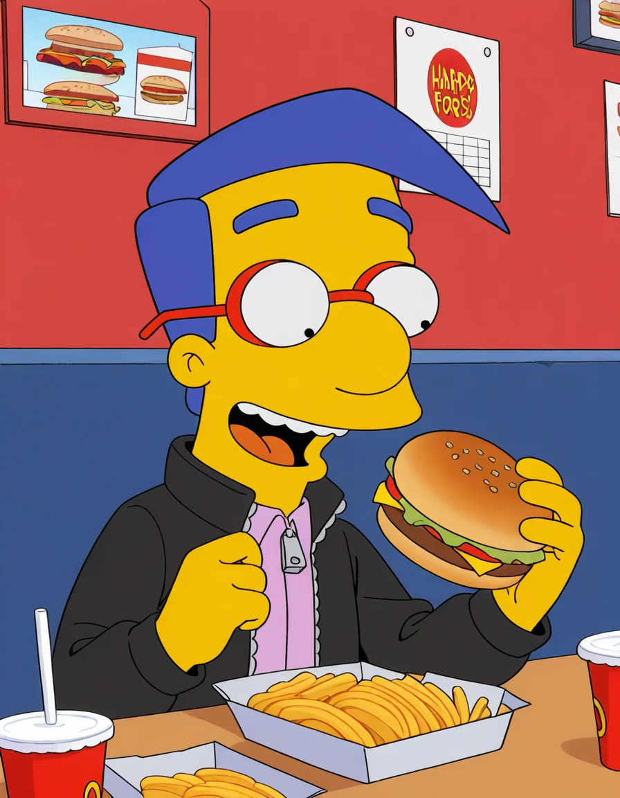 (best quality), high quality, absurdres, (very aesthetic), focus,
(milhouse_simpsons), glasses, blue hair, black jacket, happy, eating hamburger, fast food, solo, open mouth, teeth,
<lora:the_simpsons_v2:1>