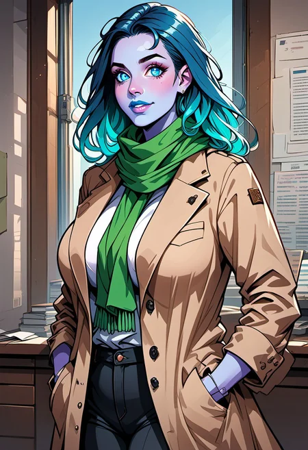 commix style, score_9, score_8_up, score_7_up, 1woman, mature, (blue skin:1.3), detailed blue eyes, large round eyes, bright eyes, (long dark blue hair:1.4), fiery hair, gradient_hair to light neon blue, (very long hair), blue lipstick, huge breasts, long brown detective coat, green scarf, black pants, leaning on building window, office background, hands in pocket
