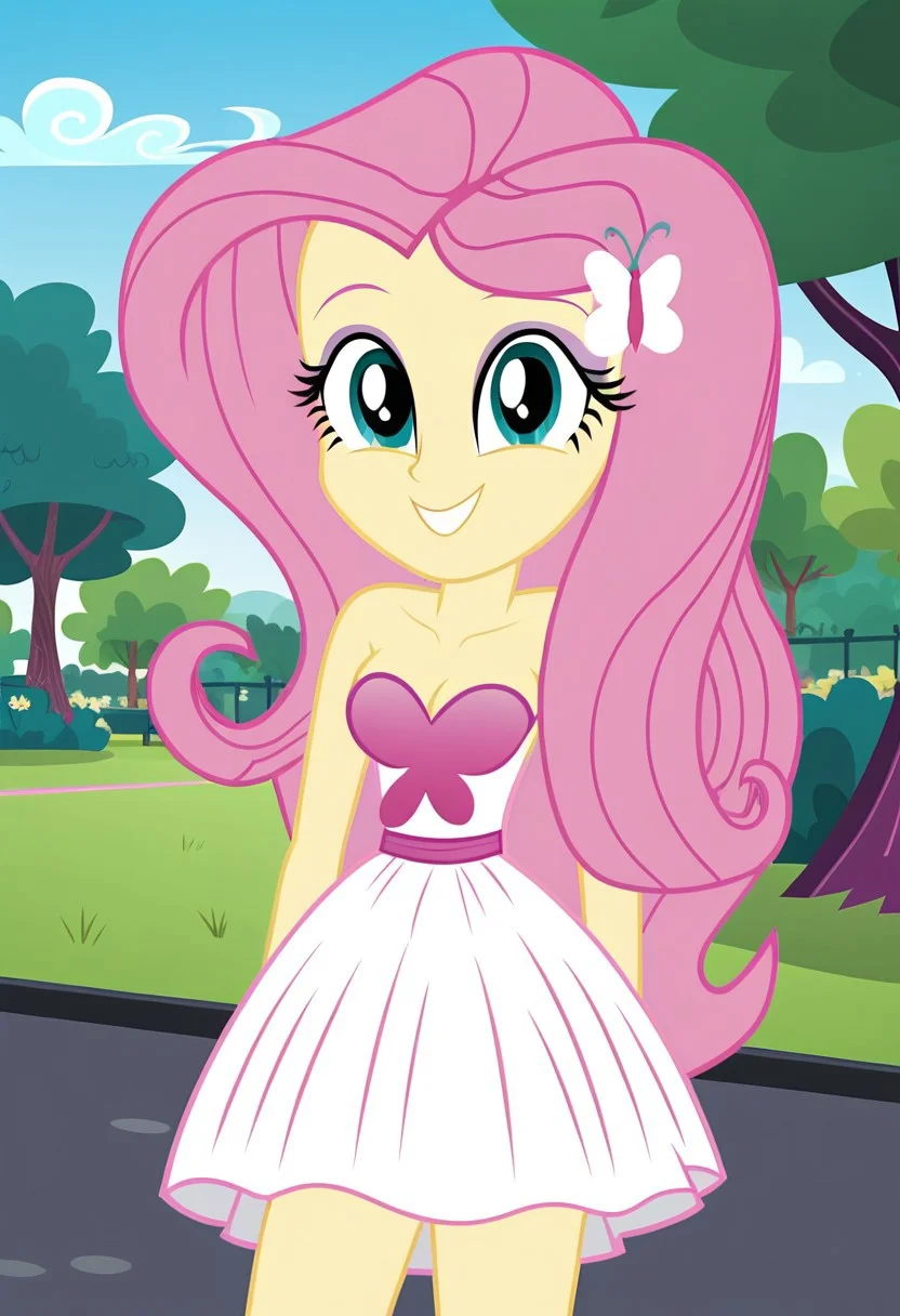 legs exposed, strapless white dress, blue sky, green park, outdoors, park, medium breasts, strapless dress, pink butterfly, teeth, butterfly chest cover, white skirt, butterfly-shaped chest piece, looking at viewer, strapless dress, pink butterfly, Fluttershy, butterfly chest cover, white skirt, smiling, detailed eyes, detailed eyebrows, 1girl, solo, strapless, shy expression, ((equestria girls, show accurate:1.2)), cute, Equestria Girls