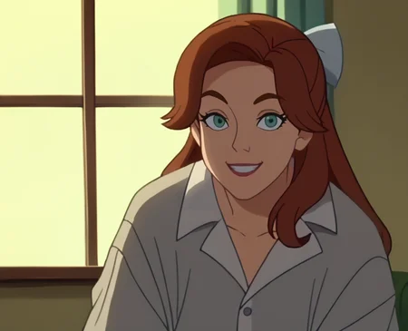 score_9, score_8_up, score_7_up, score_6_up, score_5_up, score_4_up, anime screencap, anime coloring,  <lora:Anastasia_Full-000007:1> ,pjot, brown hair,  aqua eyes, pajamas, bow, pajama pants, long hair, barefoot, 
 smile, looking at viewer, portrait,