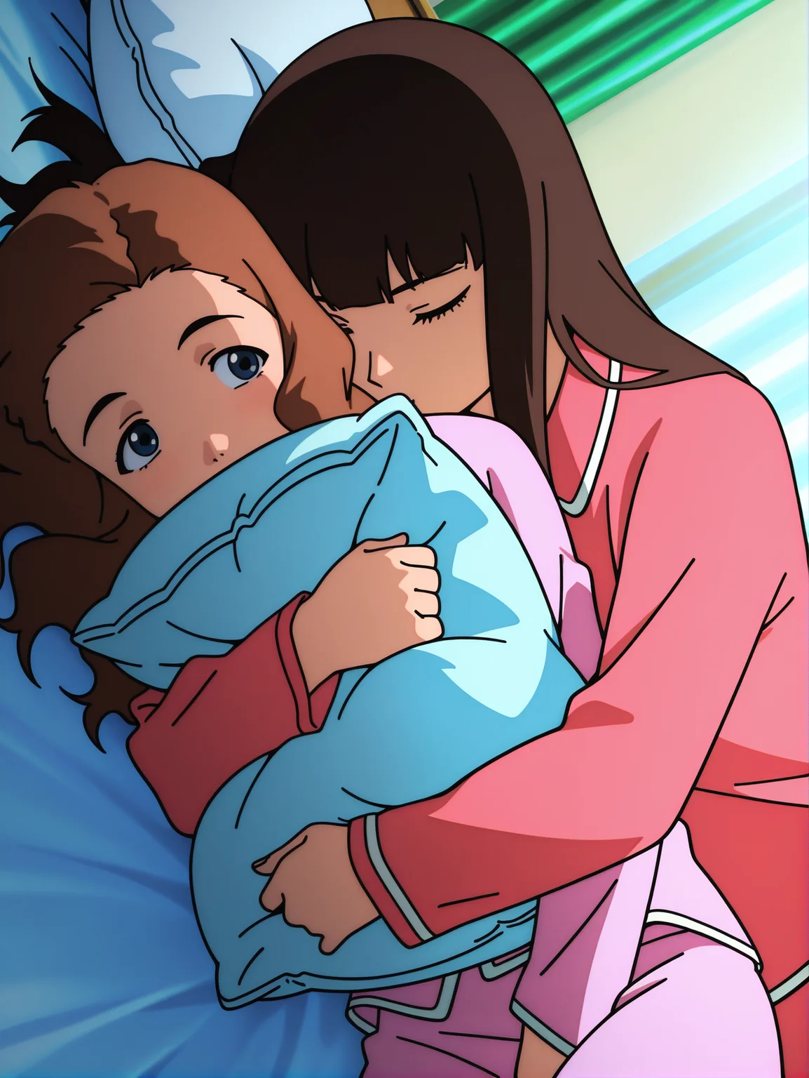 masterpiece, best quality, amazing quality, absurdres, newest, dynamic_angle, defined facial features, anime coloring, anime screencap, bed sheet,
<lora:Reika-Juri_IL1.1_v0:1> 
2girls, bed sheet, yuri, kato juri \(sel\), blue pajamas, hair down, long hair, pillow hug, BREAK yamamoto reika \(sel\), pink pajamas, kissing forehead