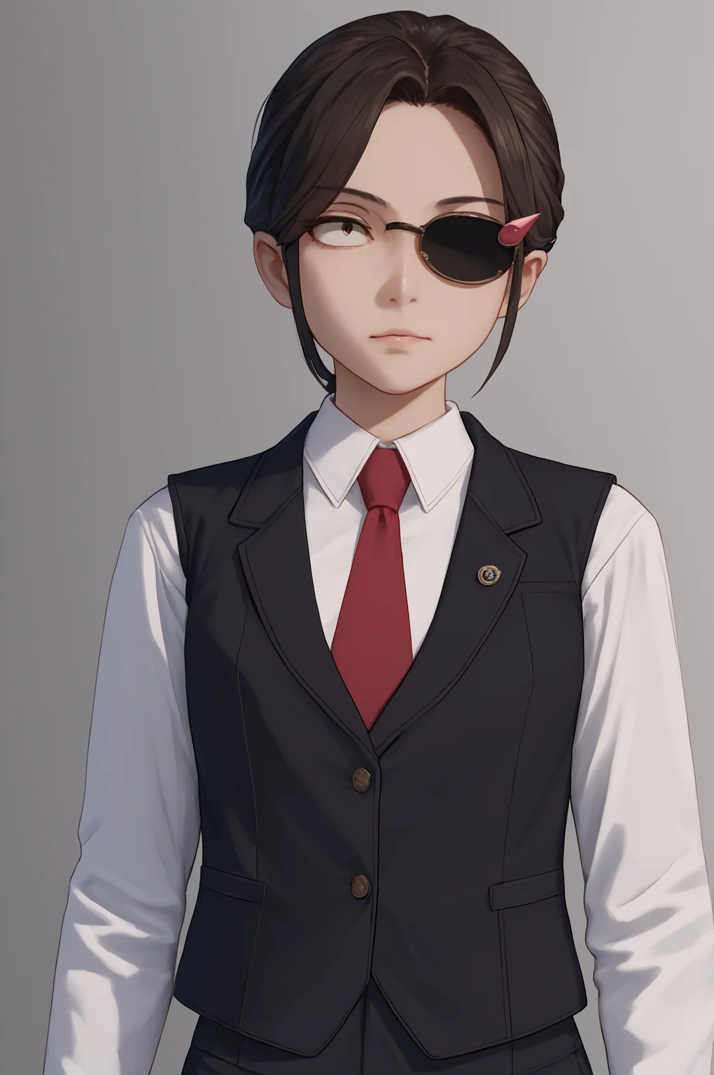 score_9, score_8_up, score_7_up, score_6_up, score_5_up, score_4_up, (high quality, detailed, beautiful) <lora:Manager_epoch_8:0.99> yasuko_yaegashi, hair_ornament, necktie, std_outfit, eyepatch, cowboy_shot, vest,