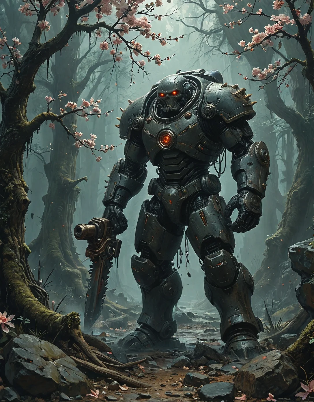 Dark Moody Atmosphere, Dark Fantasy Art, (groupwarforged golem with runic reactor core:1.2), revving chainsaw greatsword overhead in taunt, jungle-camo power armor with venom reservoirs, geomagnetic_pulse, Coral-encrypted mainframe calculating alien ecologies, electromagnetic rains aligning iron sands into spirals, organic matter cycling through eras daily,Quantum radar midnight detecting parallel realities, Groves of petrified cherry blossoms frozen mid-fall,
<lora:tbh295-sdxl:0.15> style of H. R. Giger,
<lora:tbh297-sdxl:0.3>,
<lora:tbh189-sdxl:0.15> style of Hieronymus Bosch,
<lora:add-detail-xl:0.7>,
<lora:extremely_detailed:0.7> extremely detailed,
<lora:Flux-XL_Scenery:0.15> flux-scenery,
<lora:Flux-style-xl-lora:0.15> flux-style
<lora:1dkXLP:0.15> 1dk,
<lora:PainterlyFantasiaFlux:0.15> Digital painting style,
8K resolution, ultra-detailed cinematic composition, contemporary concept art style, volumetric magical atmosphere with ethereal glow, rich complementary color palette, vivid gradients and chiaroscuro contrast, dynamic perspective with layered depth of field, inspiring awe-inspiring mood, Unreal Engine 5 render quality, intricate textures, flawless anatomy, rule of thirds composition, luminous highlights, surreal ambiance, award-winning illustration, harmonious balance of light and shadow, photorealistic details, ArtStation trending, chromatic accents, nostalgic futurism, dreamlike serenity, bold creativity, professional finish, sharp focus, ambient background, fascinating dynamic motion,, dark, moody, dark fantasy style, dramatic, mysterious, dark moody atmosphere, Grimdark painting art style, dark and brooding composition, dramatic lighting, captures the sinister and macabre atmosphere