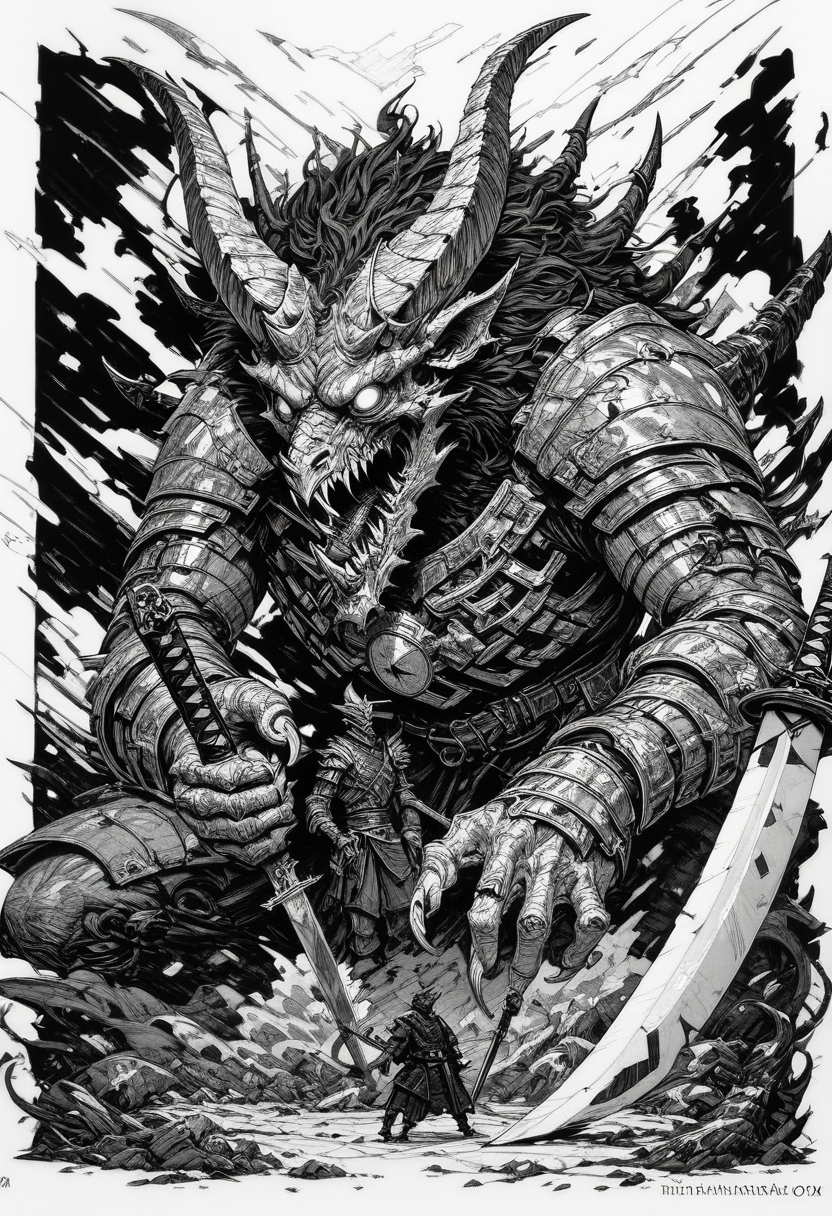(score_9, score_8_up), score_7_up, zPDXL,  open mouth, 1boy, holding, standing, monochrome, weapon, comic, greyscale, male focus, horns, teeth, sword, holding weapon, armor, english text, traditional media, holding sword, katana, sharp teeth, claws, 1other, monster, dragon, size difference, giant, blank eyes, extra eyes<lora:GRIM_v1:0.9>