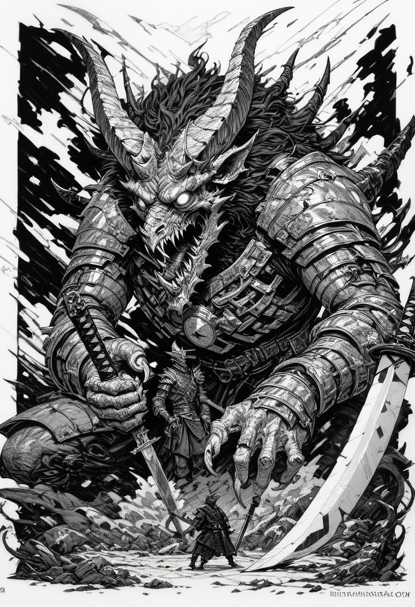(score_9, score_8_up), score_7_up, zPDXL, open mouth, 1boy, holding, standing, monochrome, weapon, comic, greyscale, male focus, horns, teeth, sword, holding weapon, armor, english text, traditional media, holding sword, katana, sharp teeth, claws, 1other, monster, dragon, size difference, giant, blank eyes, extra eyes<lora:GRIM_v1:0.9>