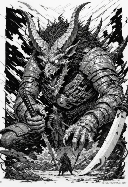 (score_9, score_8_up), score_7_up, zPDXL, open mouth, 1boy, holding, standing, monochrome, weapon, comic, greyscale, male focus, horns, teeth, sword, holding weapon, armor, english text, traditional media, holding sword, katana, sharp teeth, claws, 1other, monster, dragon, size difference, giant, blank eyes, extra eyes<lora:GRIM_v1:0.9>