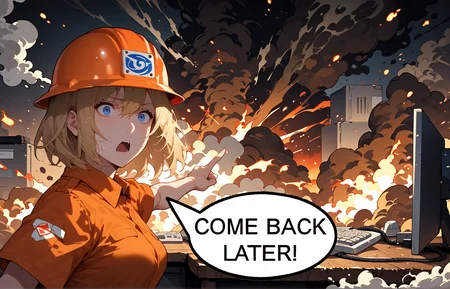<lora:Expressive_H-000001>,<lora:modern_anime_screencap_v1_0:0.8>,source_anime,score_9,score_8_up,score_7_up,score_6_up,dark background,low light,data center room,computer server room,fire background,
1girl,solo,adult,tall female,blonde hair,short hair,long bangs,straight hair,blue eyes,pale skin,medium breasts,half-closed eyes,standing,wide eyed,panicking,nervous,pointing away,sweat,open mouth,orange jumpsuit,computer,red light,hard hat,computer exploding,computer tower,fire,smoke,speech bubble saying COME BACK LATER!,