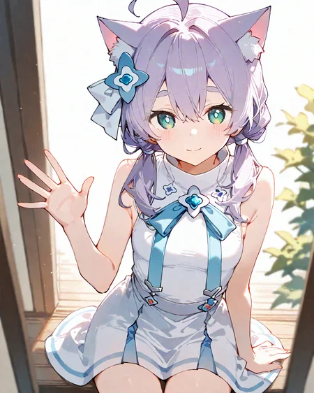 (artist:fujieda_uzuki:1.1),(artist:ikeuchi_tanuma:0.8),(artist:hiten_(hitenkei):0.7),(artist:nana_kagura:0.9),(artist:kani_biimu:0.5),(artist:noyu_(noyu23386566):0.8),(artist:saki_(saki_paint):0.6), (artist:sironora:0.9),(artist:henreader:0.6),masterpiece, best quality, good quality,
(1girl:1.2), solo, <lora:FesSaltIllustTest0.0.1 EA 4LR16EP:1>, salt\(maimai\), thick eyebrows, ahoge, hair between eyes, light smile, relaxed, raised eyebrows, low twintails,
cat ears, animal ear fluff, green eyes, (bright pupils:1.2), grey purple hair, hair ornament, hair ribbon, small breasts, high collar, lower buns, looking at viewer, both hand waving,
light particles, bloom, depth of field, masterpiece, best quality, good quality, newest, highres, absurdres, thin thighs, illustration, cowboy shot, sitting,
<lora:HandFixer_pdxl_Incrs_v1:0.6>,<lora:delicate:1>,<lora:ai_styles_collection_noob_vpred-1.0-v4.02:0.7> ,