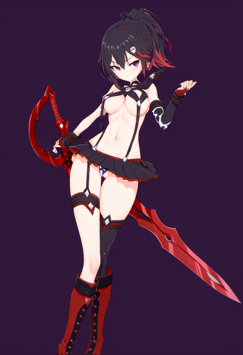 rating: sensitive,   (<lora:Rin_Rokuhara:1>, Rin, 1girl, skull hair ornament,  ponytail) hybrid with (<lora:Matoi_Ryuuko_SDXL:0.9>,1girl, matoi ryuuko, senketsu, scissor blade, solo, breasts, navel, suspenders, skirt, underboob, holding weapon, thighhighs,  revealing clothes, holding, medium breasts, two-tone hair, boots, white background, streaked hair, looking at viewer, closed mouth, thigh boots, simple background, hair between eyes, standing, holding sword, black pleated microskirt, bangs), masterpiece, best quality