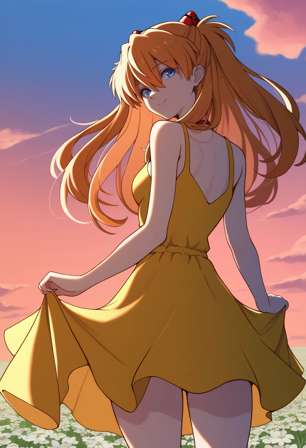 masterpiece, best quality, newest, from behind, solo, 1girl, smile, looking back, skirt hold, long hair, orange hair, hair between eyes, two side up, interface headset, blue eyes, short dress, yellow dress, sundress, sleeveless dress, outdoors, sunset, cloud, flower field
<segment:yolo-Anzhc Face seg 640 v3 y11n.pt,0.4,1//cid=11>