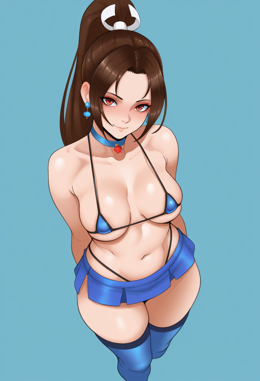 masterpiece, best quality, <lora:sunnysundown:1> s0nn1s0nd0wn,, 1girl, solo,
From above
looking at viewer, light smile,
shiranui mai,
micro bra, mini skirt, thighhighs, choker, earrings, 
simple background, Midnight Blue  background,