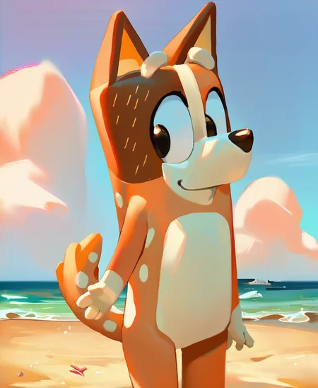 score_9, score_8_up, score_8, 1girl, solo, <lora:blueyxl:1>, source_cartoon, source_furry, blueyxl, chili heeler, boxchibi, cowboy shot, anthro, furry, orange body, tail, animal ears, flat shaded background, sky, day, beach, warm smile,