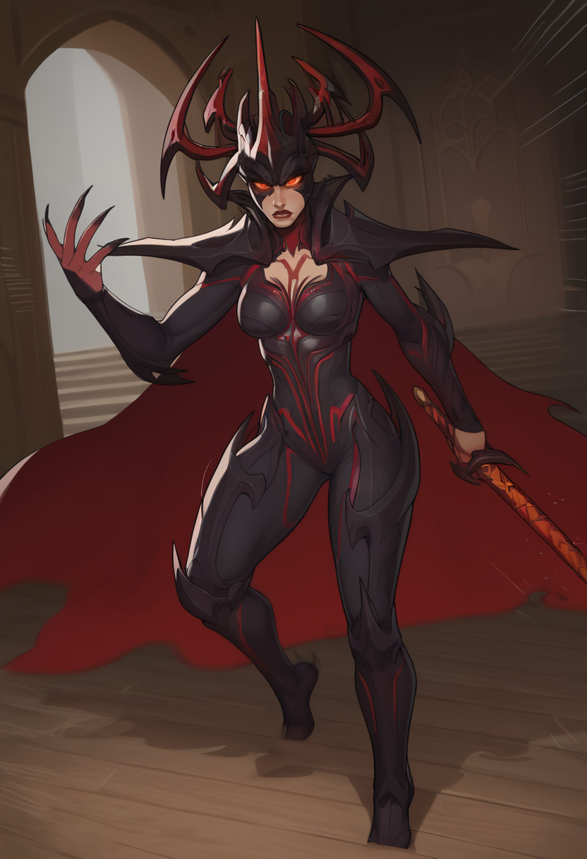 score_9, score_8_up, score_7_up, score_6_up, expressiveh, hela_rivals, 1girl, solo, ultimate skin, bodysuit, armor, red eyes, glowing eyes, helmet, spiked helmet, cape, red cape, red details, black bodysuit, red lips, claws, shoulder armor, dynamic pose, dynamic angle, fantasy background, asgard, norse mythology background, detailed background, fantasy castle, valhalla, posing, pose,  godrays, breasts, masterpiece, best quality, sword, flaming sword, red sword, motion lines, motion blur, action pose, action, battle, swinging sword, fierce expression, angry, <lora:Smooth Style 2 SDXL_LoRA_Pony Diffusion V6 XL:0.3> <lora:incase-ilff-v3-4:0.8> <lora:AsuraLycoXL:0.4> <lora:Hela_Marvel_Rivals_-_PonyXL:0.6>