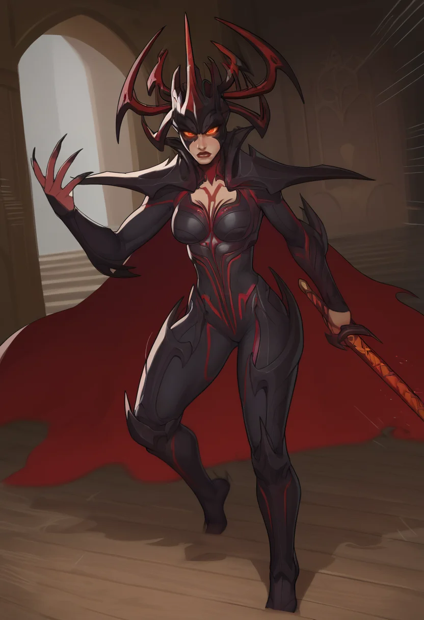 score_9, score_8_up, score_7_up, score_6_up, expressiveh, hela_rivals, 1girl, solo, ultimate skin, bodysuit, armor, red eyes, glowing eyes, helmet, spiked helmet, cape, red cape, red details, black bodysuit, red lips, claws, shoulder armor, dynamic pose, dynamic angle, fantasy background, asgard, norse mythology background, detailed background, fantasy castle, valhalla, posing, pose,  godrays, breasts, masterpiece, best quality, sword, flaming sword, red sword, motion lines, motion blur, action pose, action, battle, swinging sword, fierce expression, angry, <lora:Smooth Style 2 SDXL_LoRA_Pony Diffusion V6 XL:0.3> <lora:incase-ilff-v3-4:0.8> <lora:AsuraLycoXL:0.4> <lora:Hela_Marvel_Rivals_-_PonyXL:0.6>