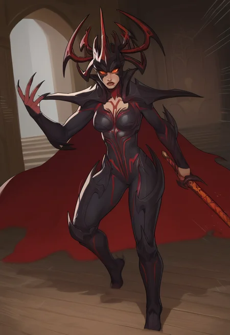 score_9, score_8_up, score_7_up, score_6_up, expressiveh, hela_rivals, 1girl, solo, ultimate skin, bodysuit, armor, red eyes, glowing eyes, helmet, spiked helmet, cape, red cape, red details, black bodysuit, red lips, claws, shoulder armor, dynamic pose, dynamic angle, fantasy background, asgard, norse mythology background, detailed background, fantasy castle, valhalla, posing, pose, godrays, breasts, masterpiece, best quality, sword, flaming sword, red sword, motion lines, motion blur, action pose, action, battle, swinging sword, fierce expression, angry, <lora:Smooth Style 2 SDXL_LoRA_Pony Diffusion V6 XL:0.3> <lora:incase-ilff-v3-4:0.8> <lora:AsuraLycoXL:0.4> <lora:Hela_Marvel_Rivals_-_PonyXL:0.6>