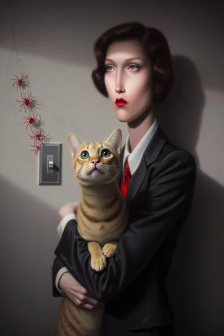troybrooks1 painting.
A woman in a suit is holding a cat. She has short hair, wears a red tie, red lipstick, and is glancing to the right. The cat is looking up at her. On the wall behind them is a light switch surrounded by red spider webs. <lora:troybrooks1_cap_d8a4e10:1.0><lora:854063507027543286:0>