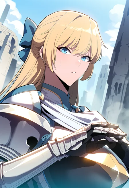 score_9, score_8_up, score_7_up, score_6_up, source_anime, rating_explicit, <lora:neg4all_bdsqlsz_V3.5:2.0>1girl, (solo:1.2), huge breasts, <lora:Teresa du Laurentiaponyxl:1> blonde hair, blue eyes, long hair, hair bow, knight, white cape, shoulder armor, armor, breastplate, gauntlets, faulds, expressionless, Narrow shoulders, heavy breathing, steaming body, ruins, outdoors, looking at viewer, close-up