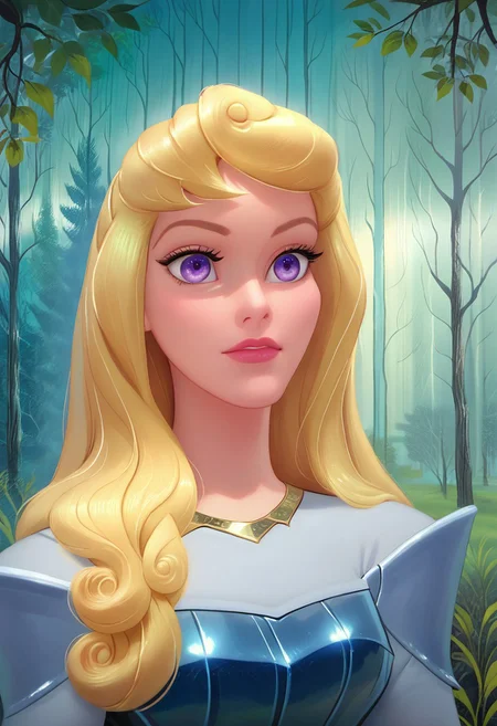 score_9, score_7_up, hd, (ultra hd quality details), masterpiece, best quality, detailed, amazing quality, detailed background, forest and stream background, detailed eyes, clean eyes, brstyle, aurora (1girl, blonde hair, violet eyes,) dressed in pale blue knight armor