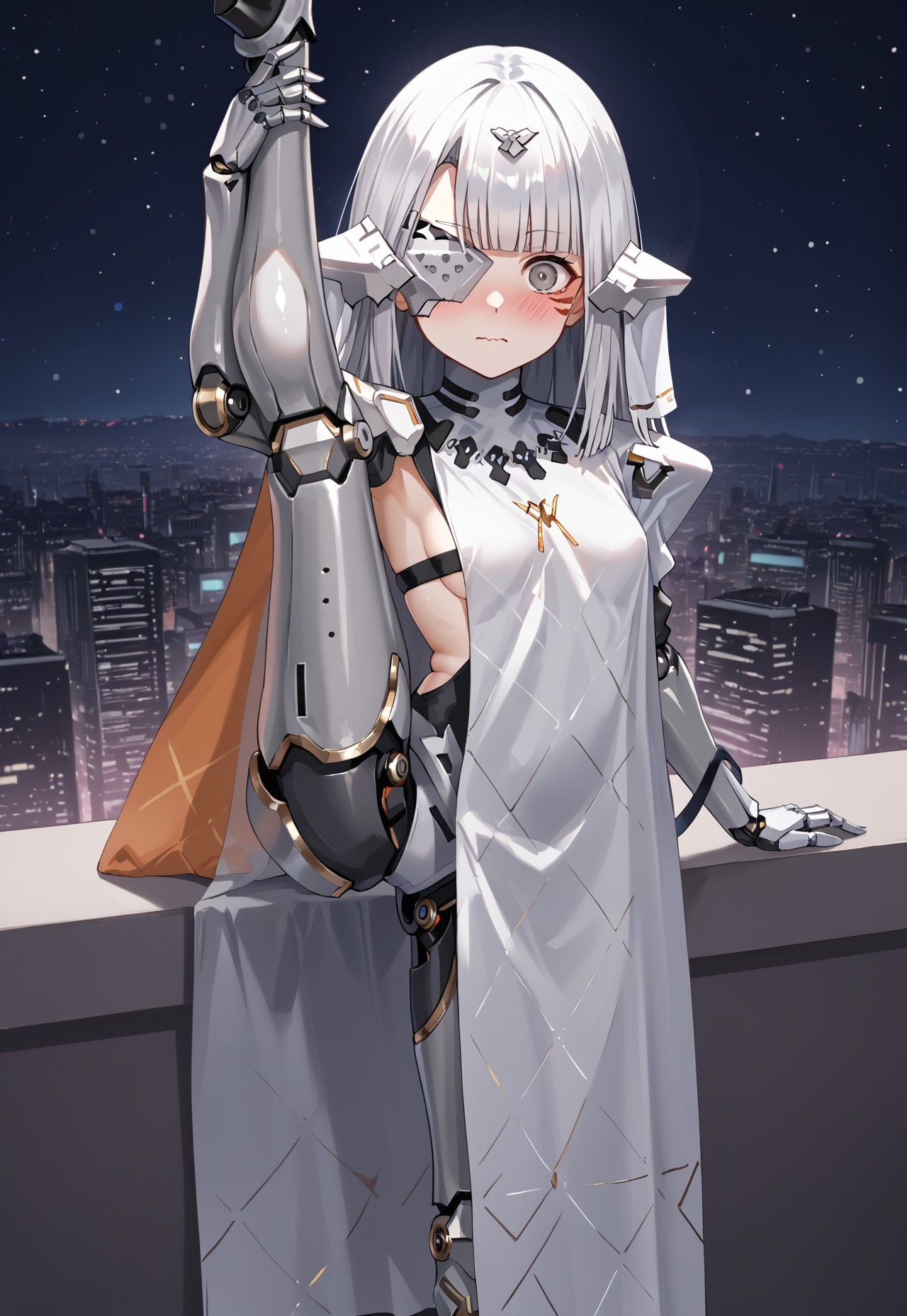 NytoAlina, mechanical arms, white hair, long hair, eyepatch, facial mark,blunt bangs, grey eyes, mechanical legs, headgear, white dress, shoulder armor,small breasts, cape, robot joints, sideboob, sideless outfit, hair ornament,

looking at viewer, closed mouth, leg up, standing on one leg, standing split, holding own leg, blush, embarassed, wavy mouth, 


city, cityscape, dark, night, night sky, cyberpunk,

1girl, solo, solo focus, highres, absurdres, light particles, shade, lens flare, shiny skin, fine fabric emphasis,