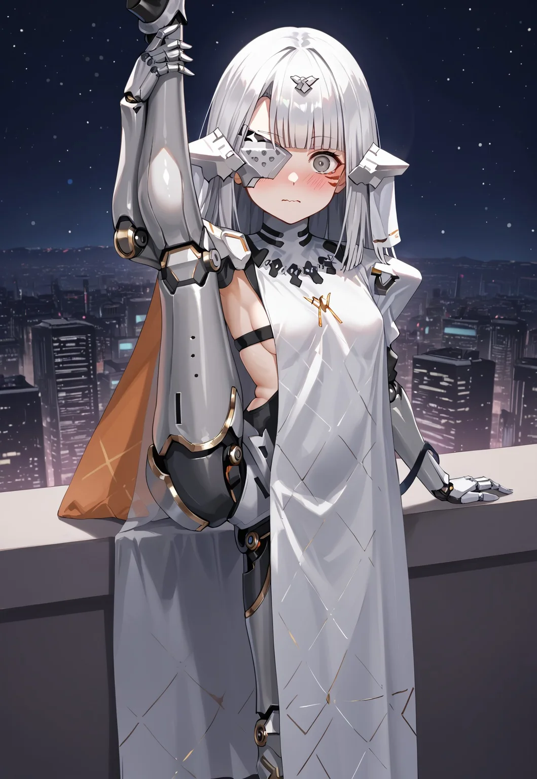 NytoAlina, mechanical arms, white hair, long hair, eyepatch, facial mark,blunt bangs, grey eyes, mechanical legs, headgear, white dress, shoulder armor,small breasts, cape, robot joints, sideboob, sideless outfit, hair ornament,
looking at viewer, closed mouth, leg up, standing on one leg, standing split, holding own leg, blush, embarassed, wavy mouth,
city, cityscape, dark, night, night sky, cyberpunk,
1girl, solo, solo focus, highres, absurdres, light particles, shade, lens flare, shiny skin, fine fabric emphasis,
