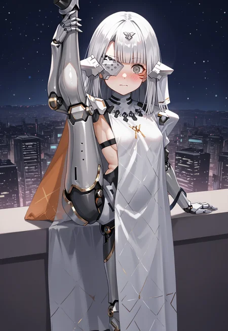 NytoAlina, mechanical arms, white hair, long hair, eyepatch, facial mark,blunt bangs, grey eyes, mechanical legs, headgear, white dress, shoulder armor,small breasts, cape, robot joints, sideboob, sideless outfit, hair ornament,

looking at viewer, closed mouth, leg up, standing on one leg, standing split, holding own leg, blush, embarassed, wavy mouth, 


city, cityscape, dark, night, night sky, cyberpunk,

1girl, solo, solo focus, highres, absurdres, light particles, shade, lens flare, shiny skin, fine fabric emphasis,