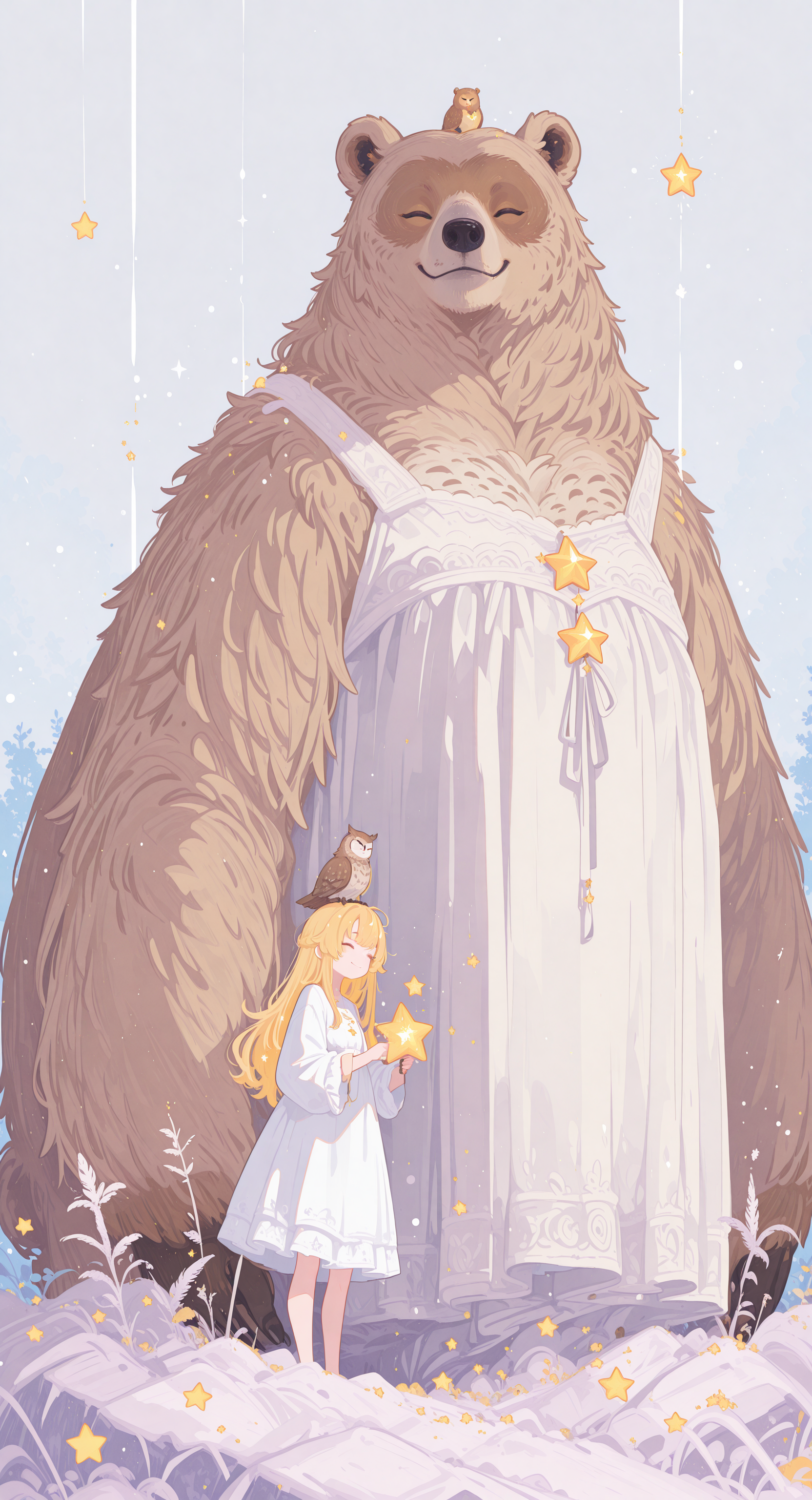 masterpiece, best quality, good quality, newest, highres, absurdres, 1girl, solo, long hair, smile, blonde hair, dress, holding, standing, closed eyes, white dress, star \(symbol\), bird, animal, on head, wide shot, animal on head, bear, owl, Ethereal Brushstroke,
Flat vector illustration,
h4ra_illu,
MomoSweetSpaceILL <lora:illustriousXL_stabilizer_v1.23:0.3> <lora:NOOB_vp1_detailer_by_volnovik_v1:0.3> <lora:ponyv6_noobE11_2_adamW-000017:0.45> <lora:Illustrious:0.15> <lora:checkpoint-e18_s306:1.3> <lora:hara_id_21:0.85> <lora:MomoSweetSpaceILL:0.8>