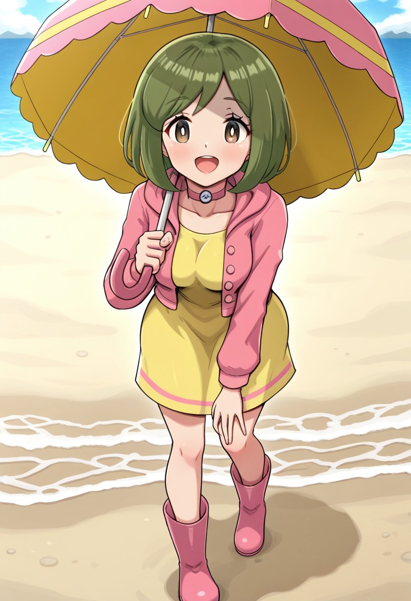 hinosaki, [[pokemoa, gonzarez]], 2d, masterpiece, best quality, amazing quality, 1girl, solo, close-up, standing, open mouth, full body, smile, looking at viewer, colorful background,walking, day, beach, sand, sea, sky, clouds, sunny day, leaning forward, masterpiece, best quality, amazing quality, highres, absurdres, newest, parasolbdsp, green hair, short hair, bangs, brown eyes, white pupils, choker, holding umbrella, parasol, yellow dress, pink jacket, open jacket, rubber boots, pink footwear