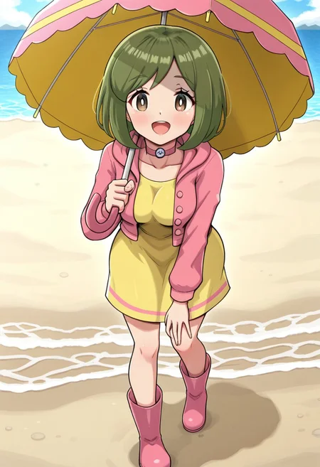 hinosaki, [[pokemoa, gonzarez]], 2d, masterpiece, best quality, amazing quality, 1girl, solo, close-up, standing, open mouth, full body, smile, looking at viewer, colorful background,walking, day, beach, sand, sea, sky, clouds, sunny day, leaning forward, masterpiece, best quality, amazing quality, highres, absurdres, newest, parasolbdsp, green hair, short hair, bangs, brown eyes, white pupils, choker, holding umbrella, parasol, yellow dress, pink jacket, open jacket, rubber boots, pink footwear