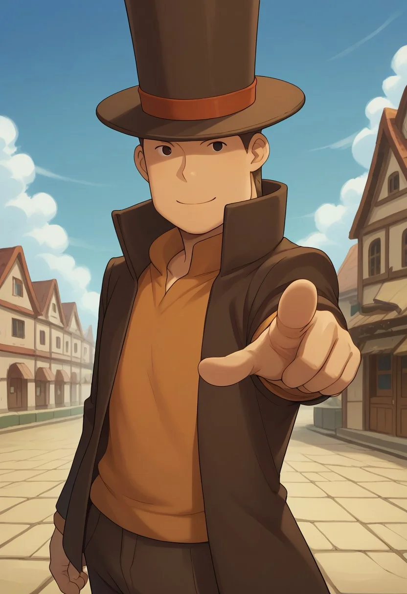 score_9, score_8_up, score_7_up, source_anime, highly detailed,
proflayton, hat, solo, 1boy, male focus, pointing, top hat, brown hair, pointing at viewer, upper body, standing, smile, shirt, orange shirt, brown jacket, brown pants, closed mouth,
outdoor, sky, building, steampunk