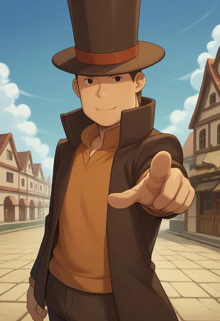 score_9, score_8_up, score_7_up, source_anime, highly detailed,
proflayton, hat, solo, 1boy, male focus, pointing, top hat, brown hair, pointing at viewer, upper body, standing, smile, shirt, orange shirt, brown jacket, brown pants, closed mouth,
outdoor, sky, building, steampunk