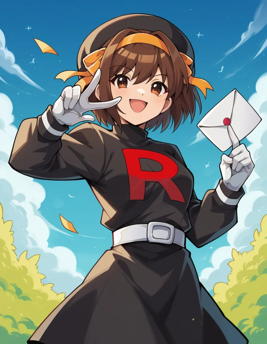 score_9, score_8_up, score_7_up, source_anime, <lora:haruhi-suzumiya-s1-ponyxl-lora-nochekaiser:1>, haruhi suzumiya, short hair, brown hair, brown eyes, hairband, medium hair, ribbon, hair ribbon,, <lora:team-rocket-uniform-ponyxl-lora-nochekaiser:1>, team rocket uniform, black hat, black shirt, black skirt, white belt, white gloves, single letter,, smile, smug, v, outdoors,, cowboy shot, dutch angle, looking at viewer,